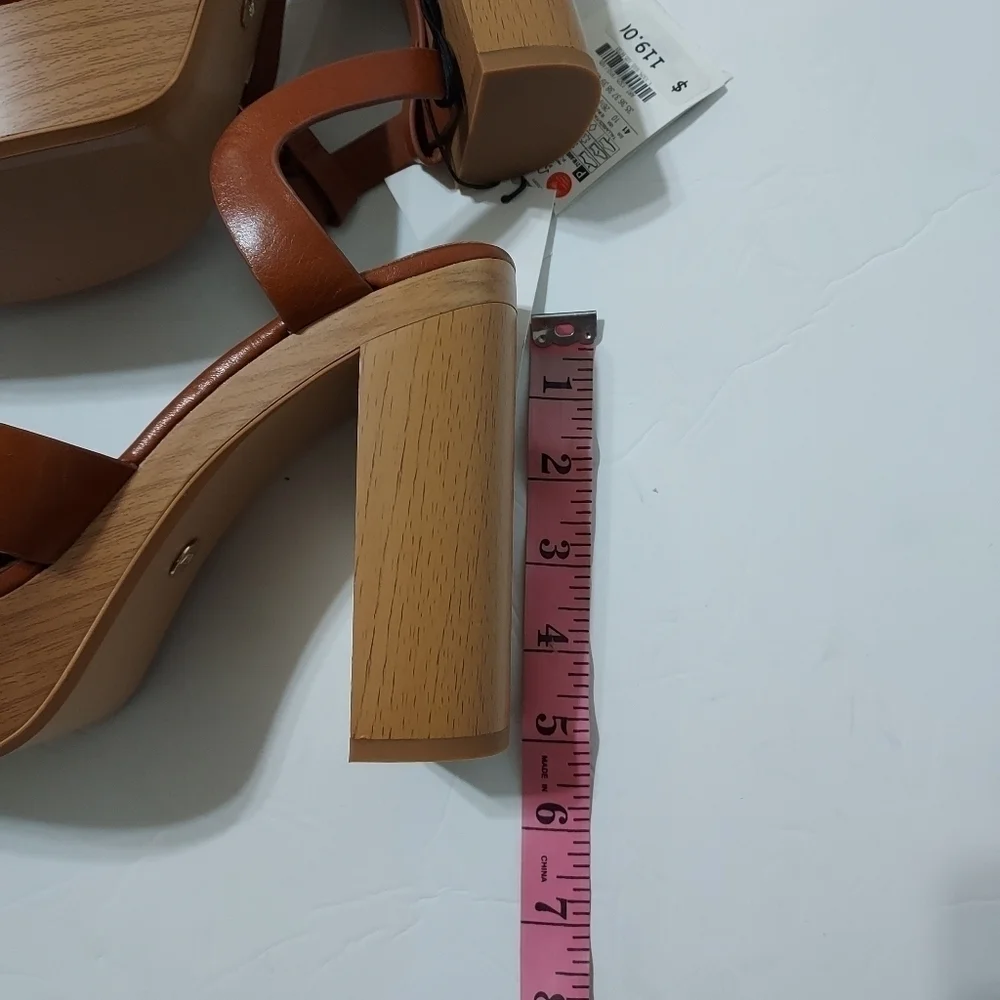 Zara Leather Platform block Wooded heel Crossed Straps sandal Sz-10